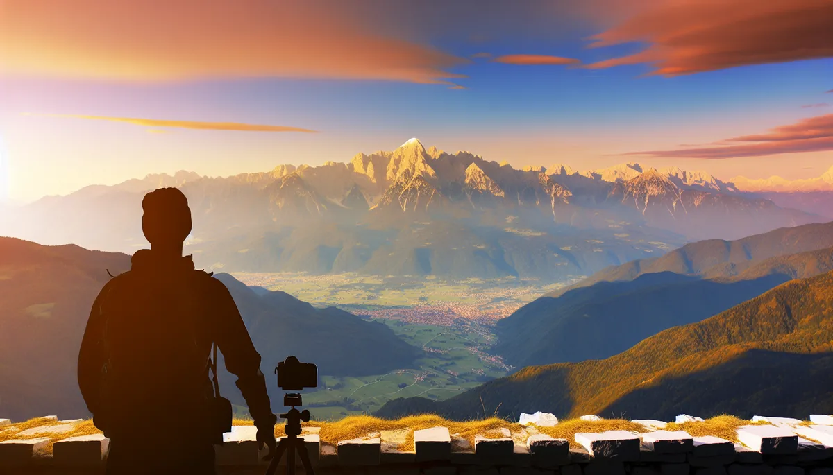 Silhouette of a traveler standing at a mountain viewpoint overlooking the Slovenian Alps during golden hour