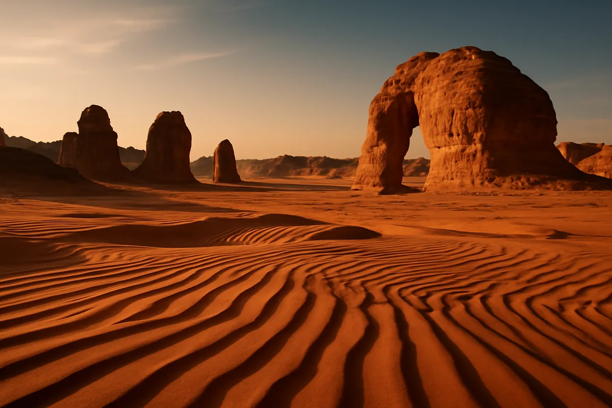Sweeping desert landscape with ancient sandstone rock formations in Al-Ula, Saudi Arabia, bathed in warm golden hour light with dramatic shadows across sand dunes