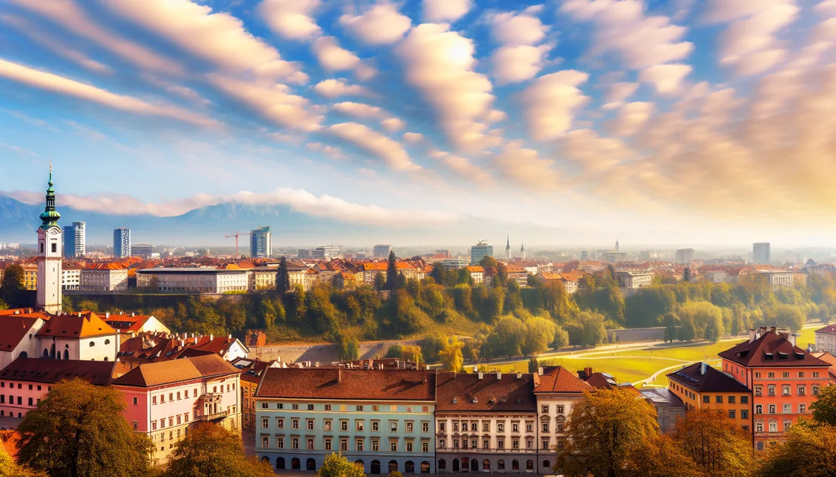 Panoramic view of a European city with historic buildings and modern architecture, with mountains visible in the background during golden hour
