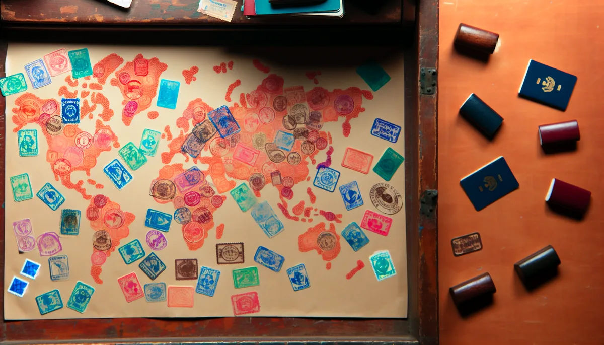 Overhead view of colorful passport stamps and visa stickers arranged like a world map on a wooden surface, representing international travel
