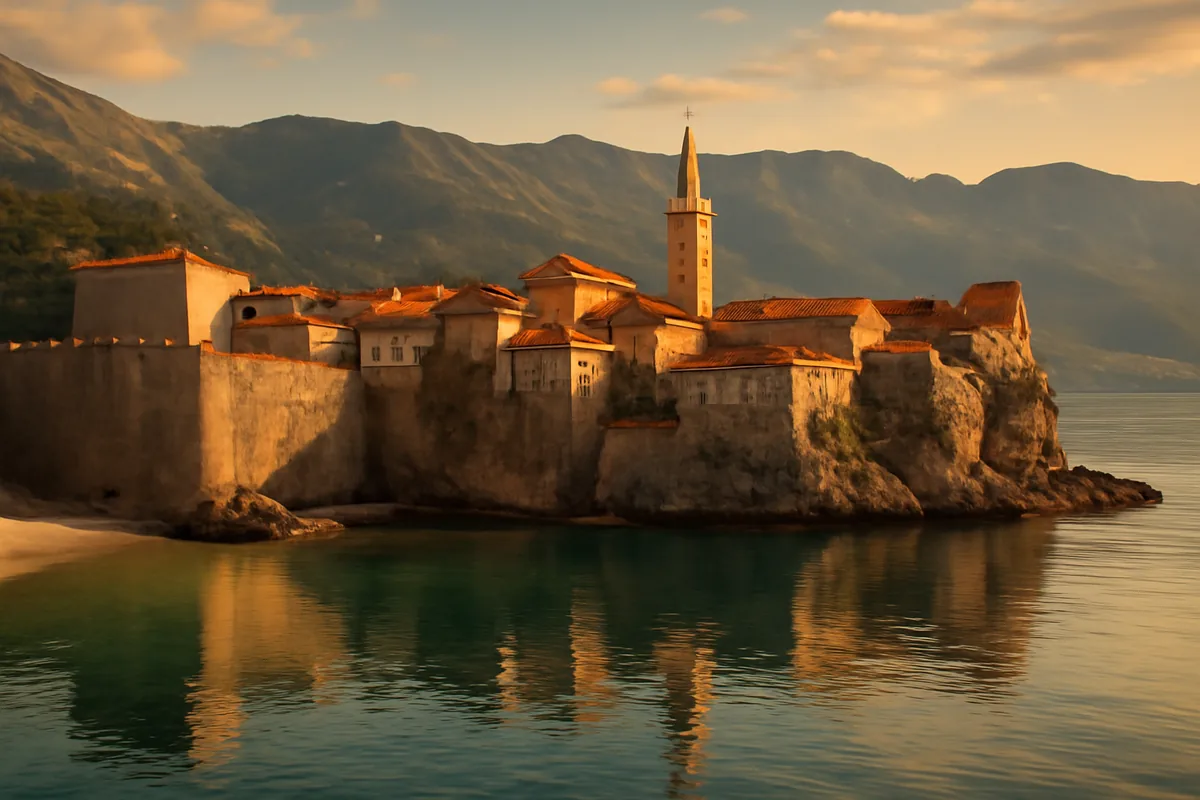 Panoramic view of Montenegro's Bay of Kotor at golden hour, with medieval stone old town nestled between dramatic limestone mountains and calm turquoise Adriatic waters