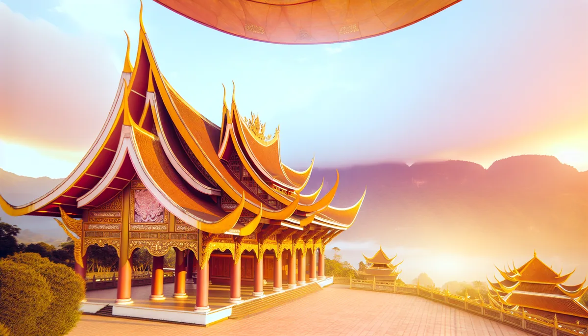 Beautiful Asian temple with traditional architecture set against misty mountains during golden hour