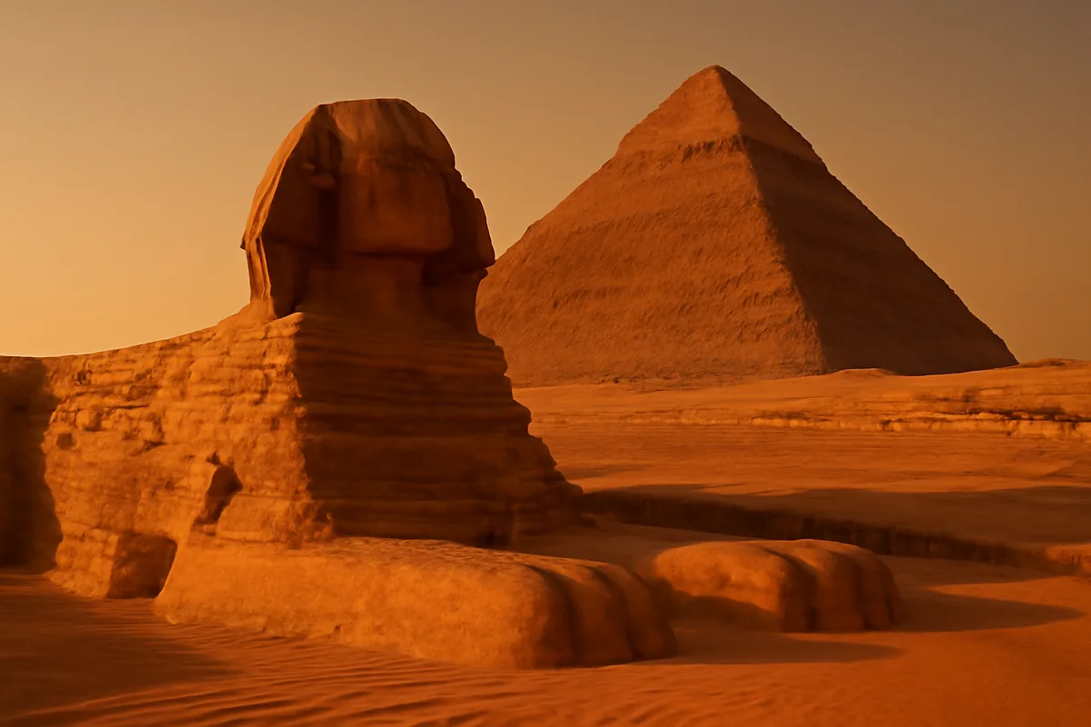 The Great Sphinx of Giza bathed in golden sunset light with a pyramid rising majestically in the background, surrounded by desert sands