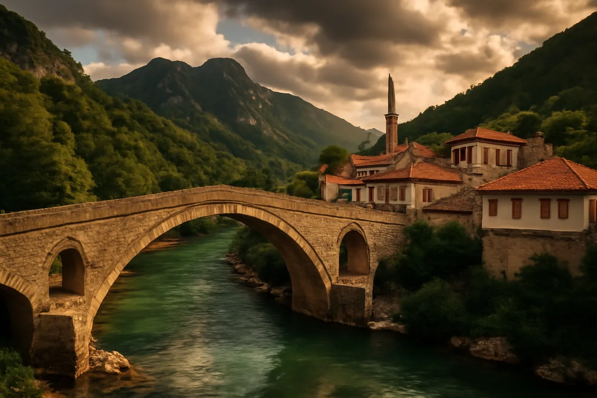 Scenic view of a historic stone bridge crossing a green river in the Balkans, surrounded by mountainous landscape and traditional architecture under dramatic evening sky