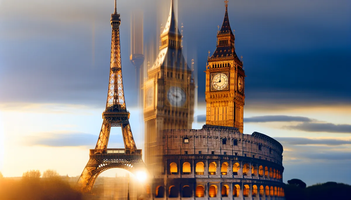 Panoramic view showcasing famous European landmarks including the Eiffel Tower, Big Ben, and Colosseum in golden hour lighting