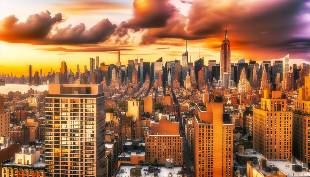 Stunning golden hour view of New York City skyline featuring the Empire State Building and Manhattan skyscrapers against a dramatic cloudy sky