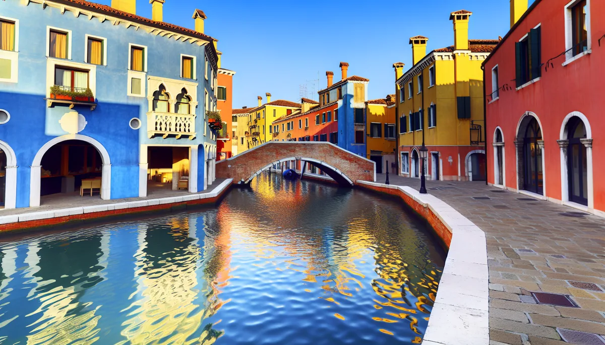 Scenic European canal city with historic colorful buildings, bridges, and waterways during golden hour