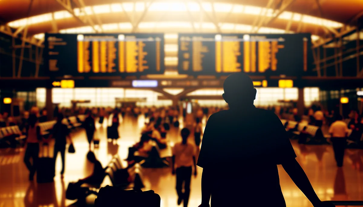 Silhouette of a traveler standing in a busy airport terminal with departure boards and crowds blurred in the background