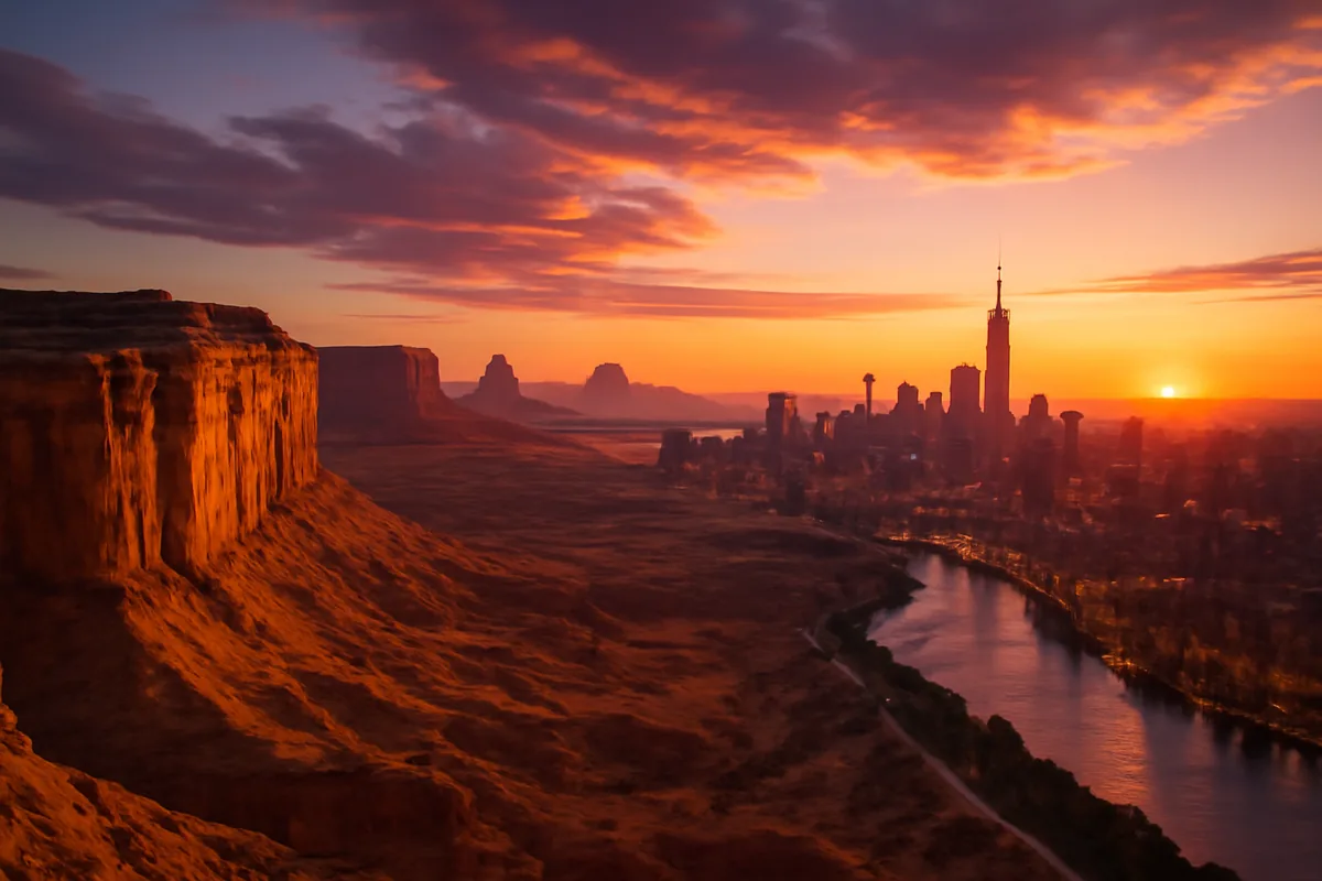 A breathtaking panoramic view of iconic American landscapes featuring dramatic canyon cliffs and a glittering city skyline bathed in warm golden and violet sunset light.