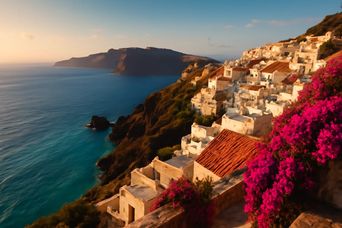 A stunning panoramic view of a Mediterranean coastal village with white-washed buildings, turquoise sea waters, and terracotta rooftops bathed in warm golden hour sunlight