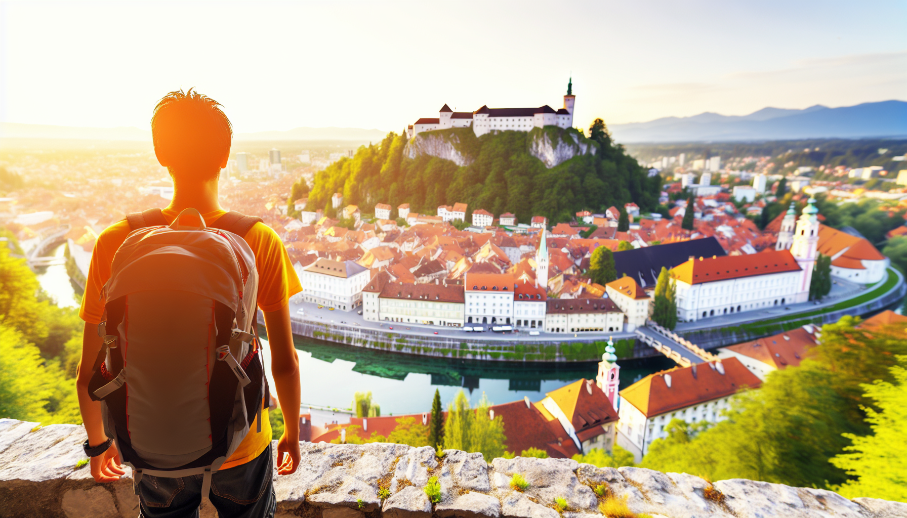 Scenic panoramic view of Ljubljana, Slovenia with the historic castle perched on a hill overlooking the charming old town with red-tiled roofs and winding river below, captured during golden hour