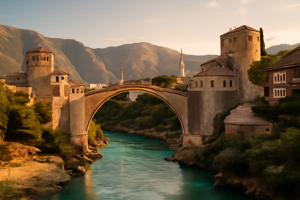 Historic stone bridge spanning a turquoise river in Mostar, Bosnia and Herzegovina, with traditional Ottoman architecture and minarets visible in the background during golden hour
