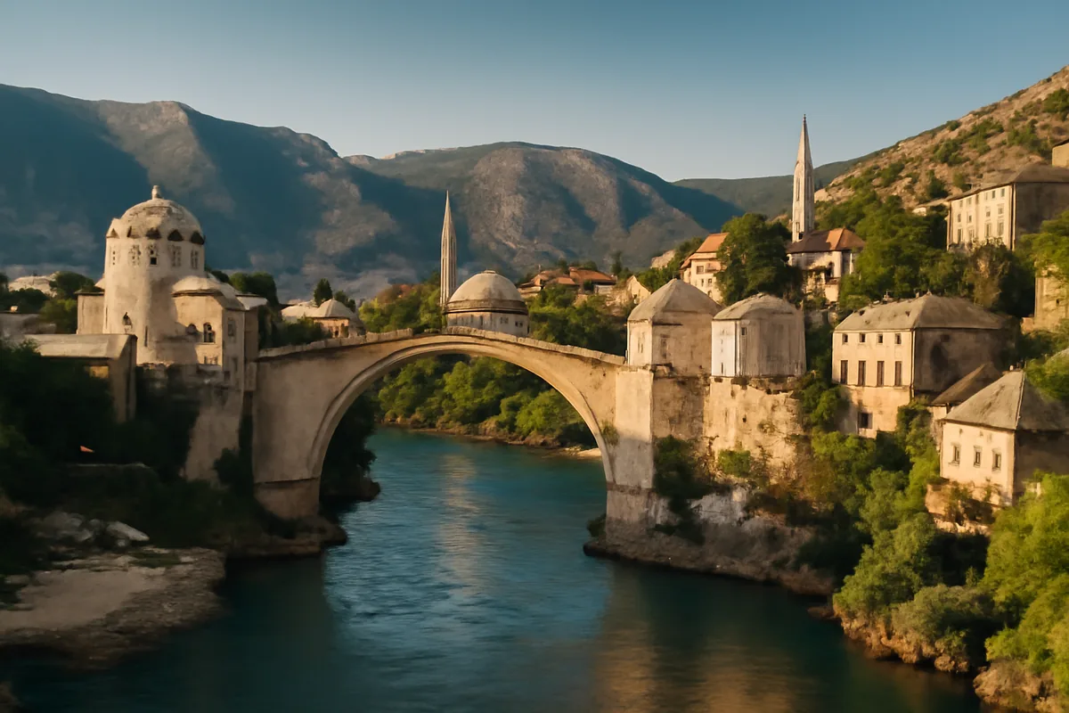 Historic Stari Most bridge in Mostar, Bosnia and Herzegovina, with traditional Ottoman architecture and the Neretva river below during golden hour
