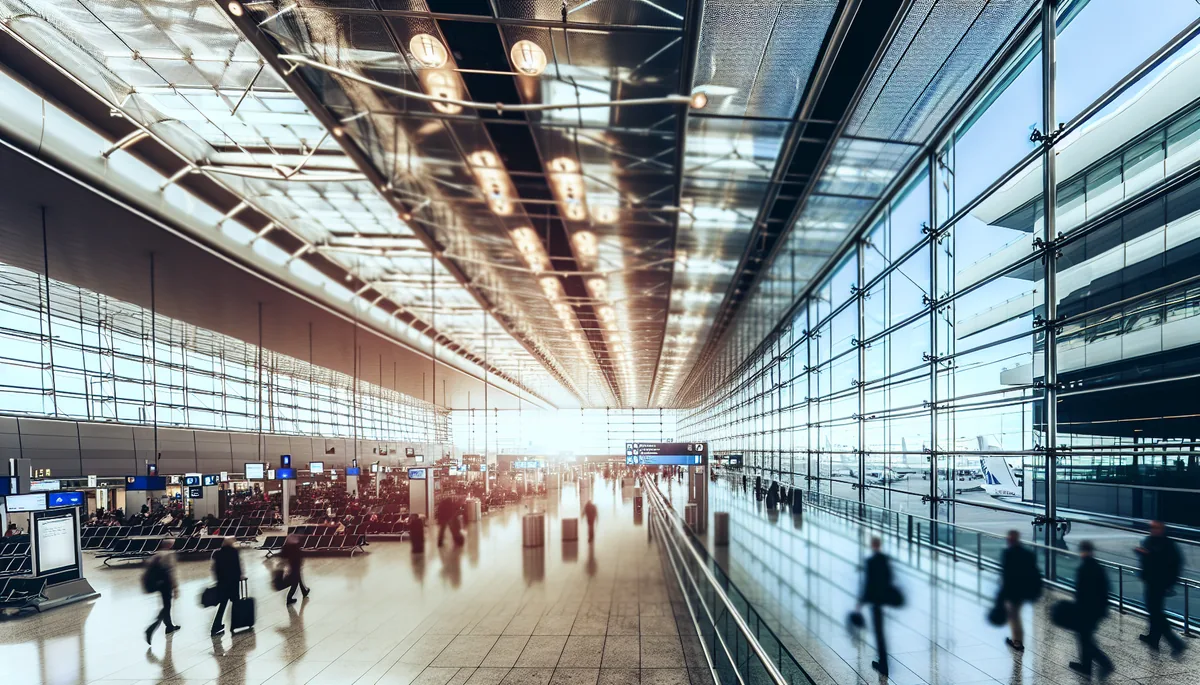 Modern airport terminal with travelers walking through bright, spacious corridors with large windows and contemporary architecture