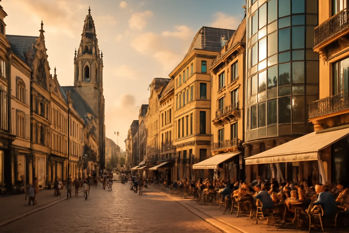 European city street with mix of historic and modern architecture, cafes and shops lining the street in warm afternoon light