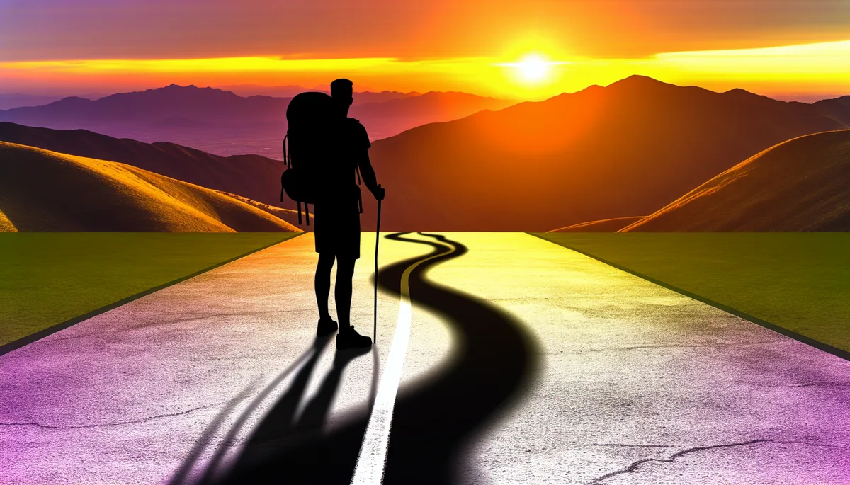 Silhouette of a traveler with backpack standing at a scenic border crossing between countries, with mountains and a winding road in golden hour lighting