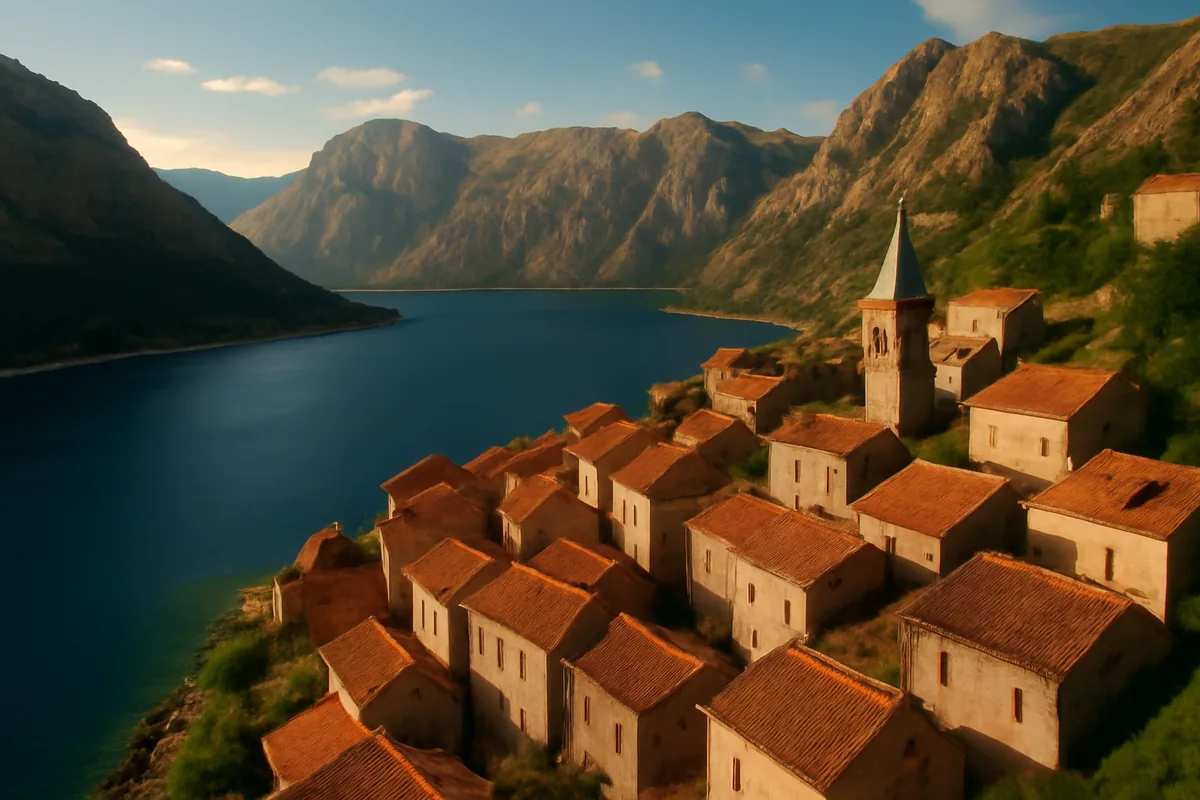 Panoramic view of a picturesque Montenegrin coastal village with historic stone buildings descending toward a vivid blue Adriatic bay, framed by dramatic mountain peaks in warm golden light
