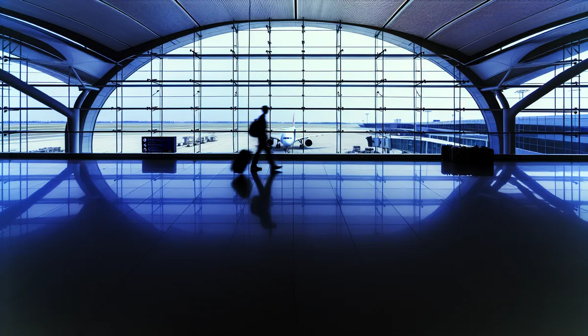 Silhouette of a traveler walking through a modern airport terminal with large windows showing planes on the tarmac