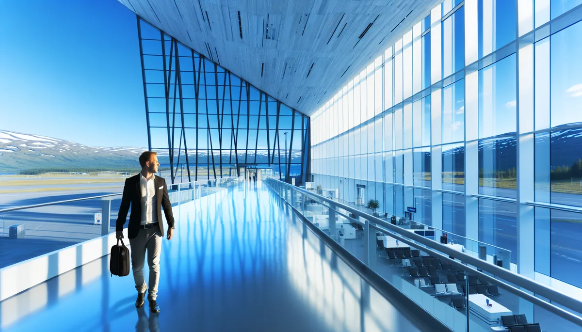 Silhouette of a traveler walking through a bright, modern airport terminal with large windows showing a Nordic landscape