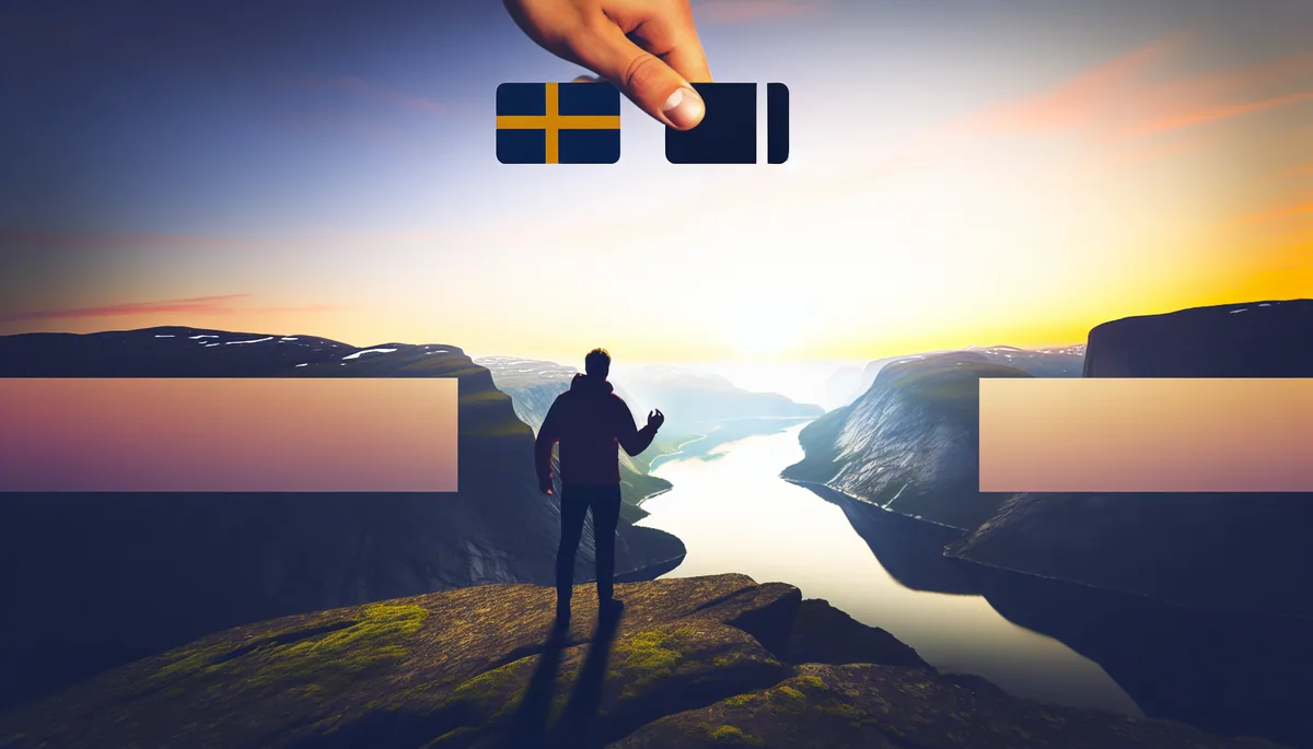 Silhouette of a person standing on a mountain overlook viewing a dramatic Norwegian fjord landscape during golden hour