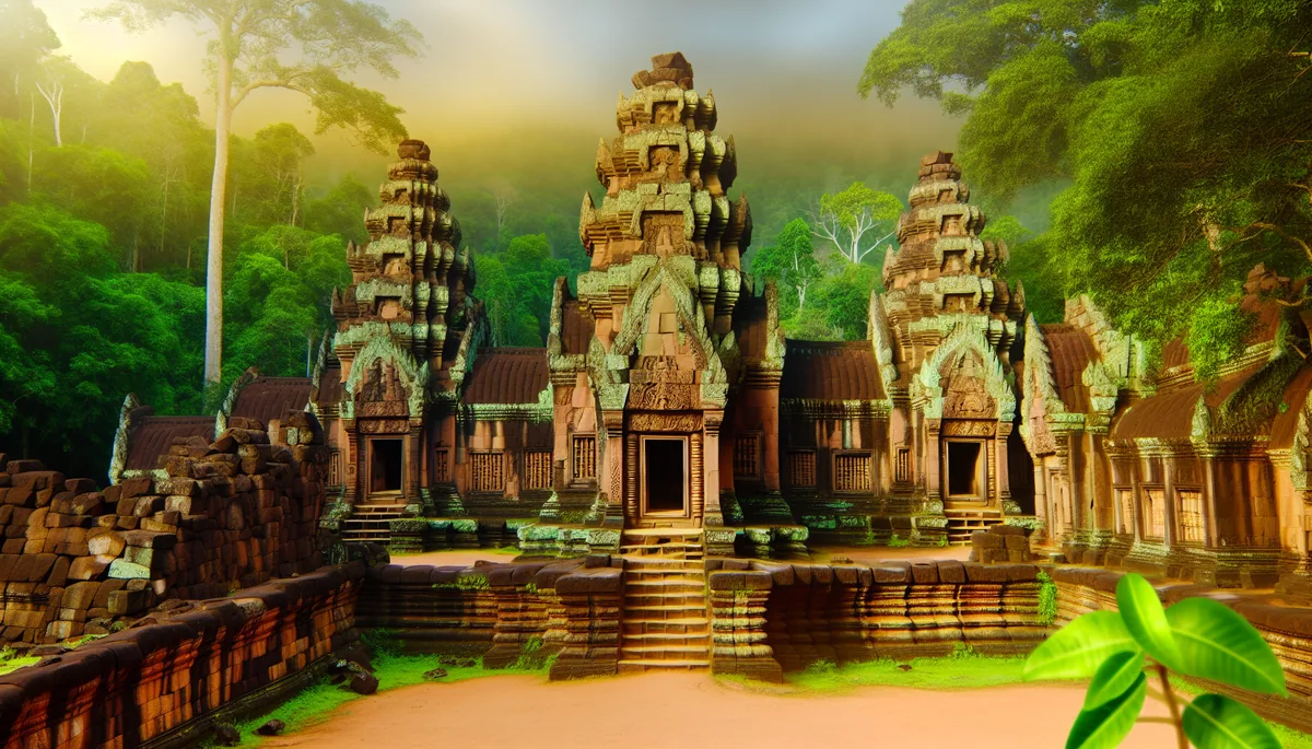 Ancient Asian temple complex with ornate stone architecture surrounded by tropical jungle vegetation in golden morning light