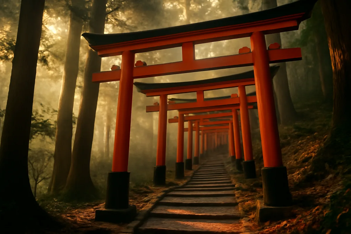 A serene pathway lined with traditional red torii gates ascending through a misty forested mountain in Japan, bathed in soft golden morning light