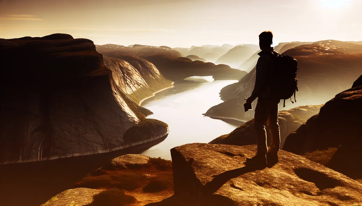 Silhouette of a traveler with backpack standing on a cliff overlooking dramatic Nordic fjords and mountains during golden hour