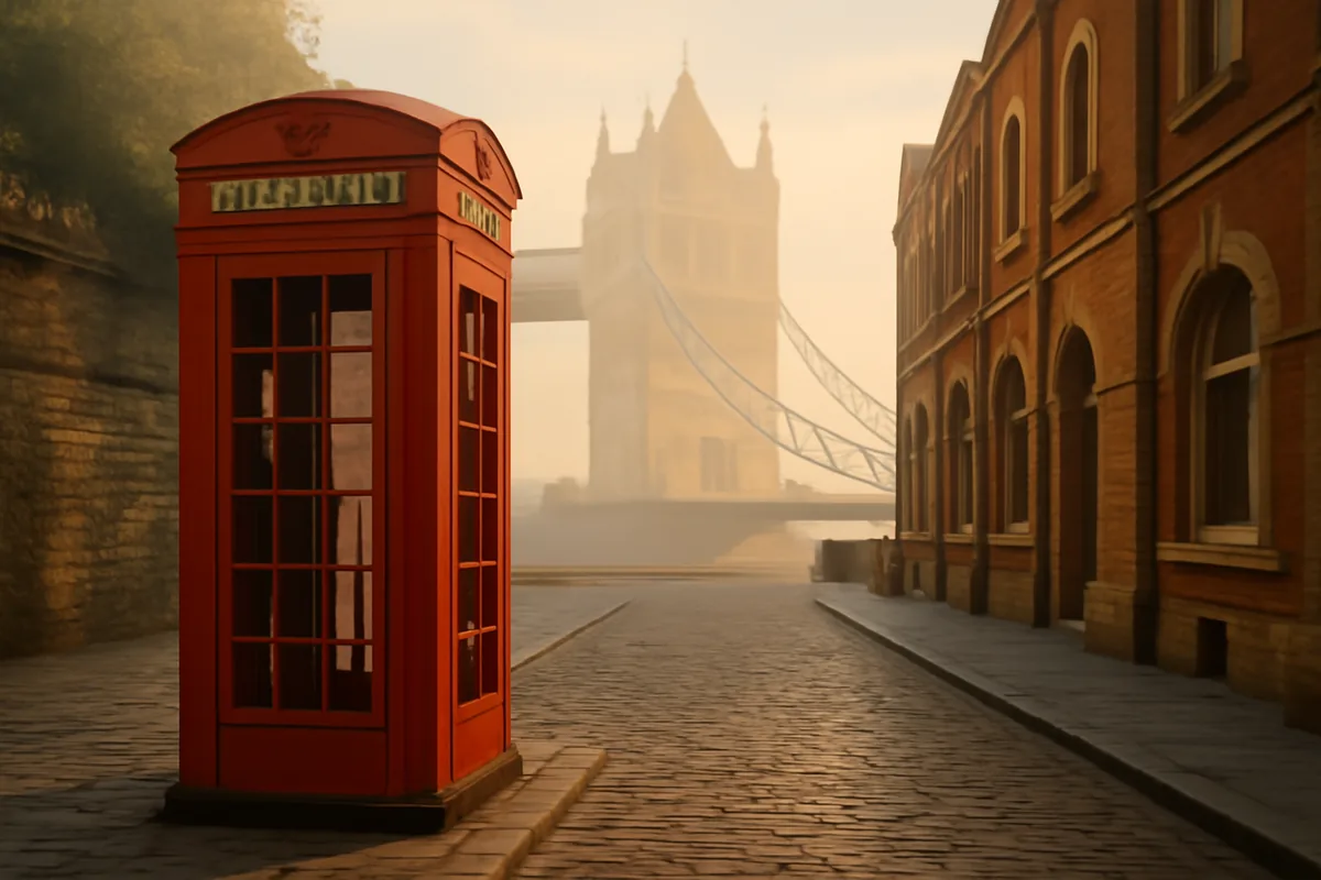 A classic red telephone box on a London cobblestone street with Tower Bridge visible in the misty background during golden hour