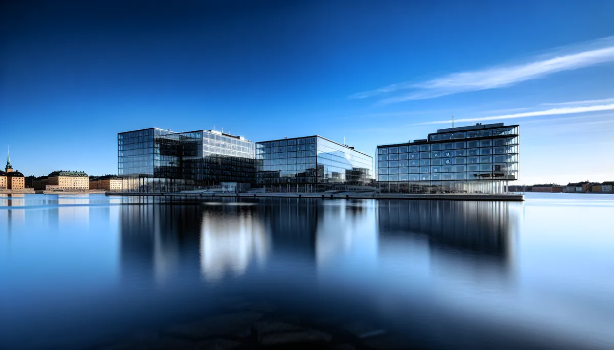 Modern glass office buildings reflecting in Stockholm harbor with blue Nordic sky, representing Swedish business travel