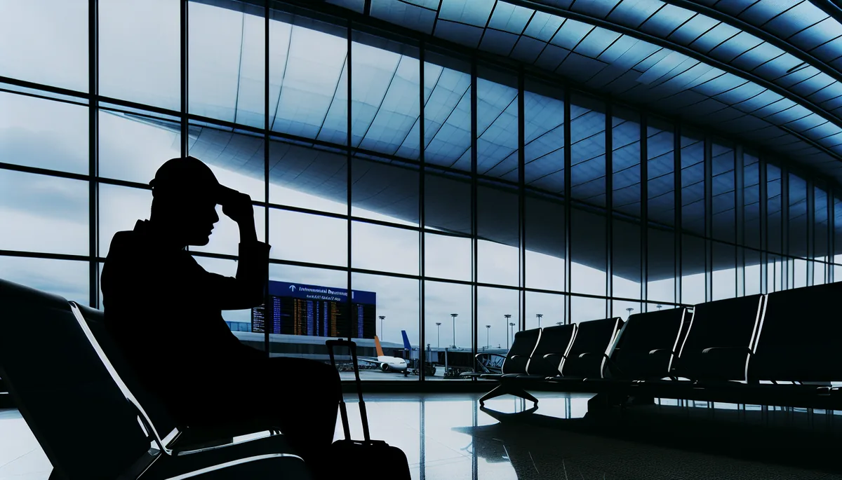 Silhouette of a traveler sitting in an airport terminal with departure gates visible through large windows