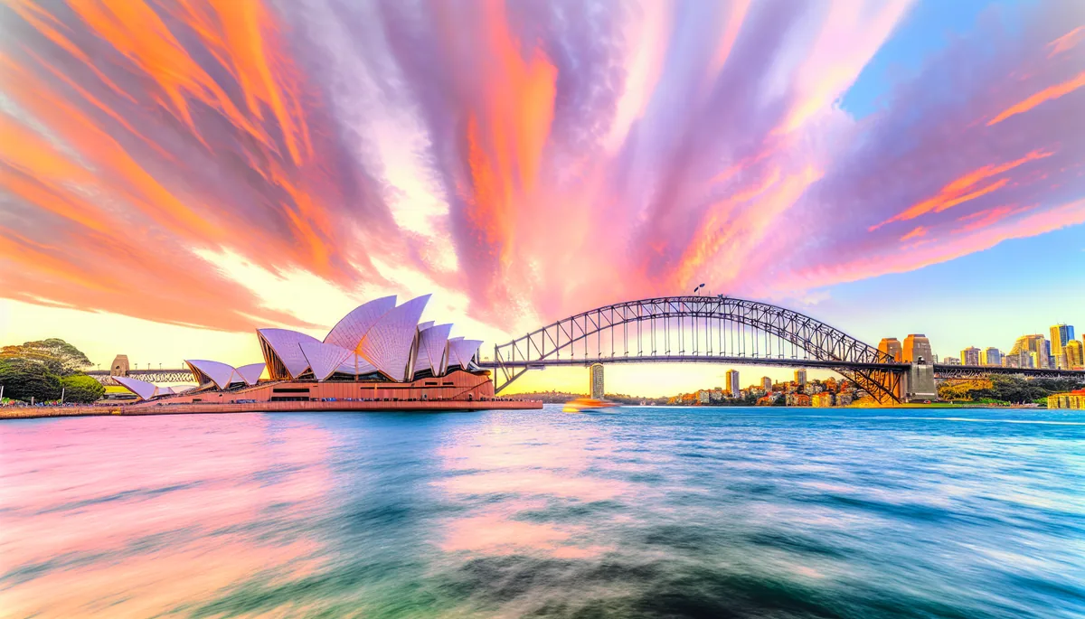 Sydney Opera House and Harbour Bridge at sunset with golden light reflecting on the harbor waters