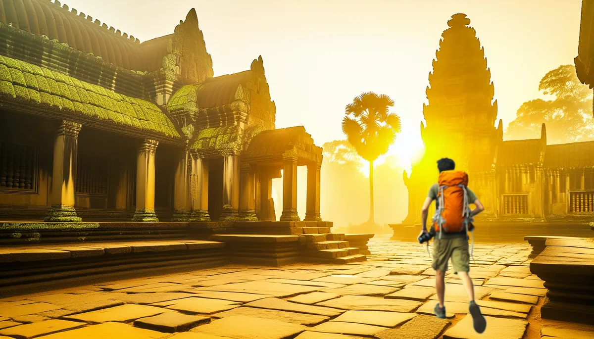 Silhouette of a backpacker walking through an ancient Asian temple complex at sunrise, with golden light and tropical vegetation