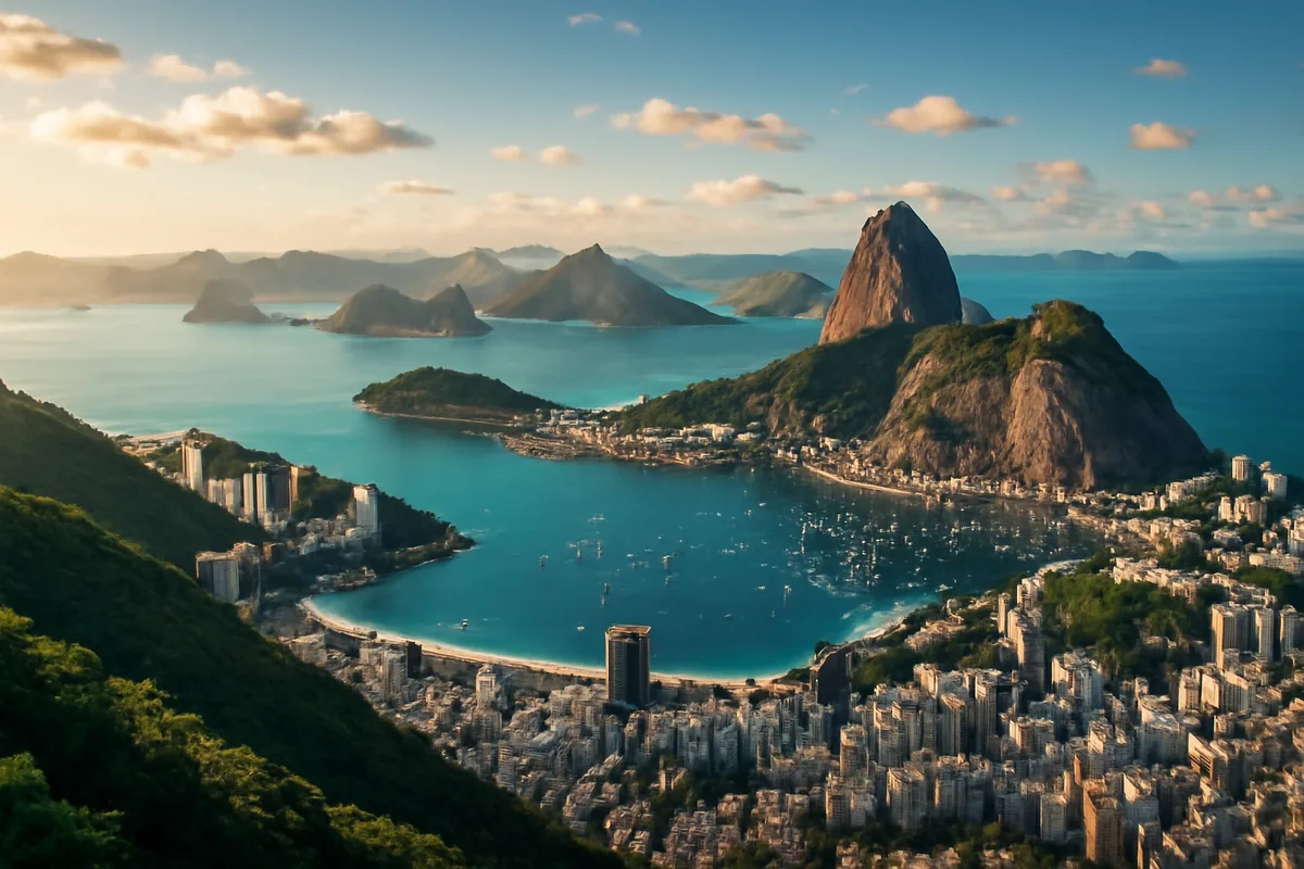 Panoramic view of Rio de Janeiro with Sugarloaf Mountain and Guanabara Bay at golden hour, lush tropical greenery surrounding the iconic Brazilian cityscape