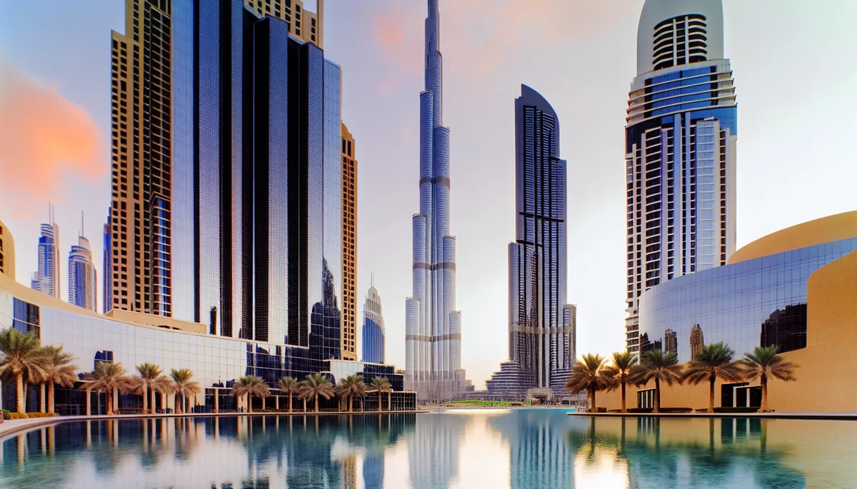 Dubai's modern skyline featuring the Burj Khalifa and gleaming skyscrapers reflected in water during golden hour, with palm trees in the foreground