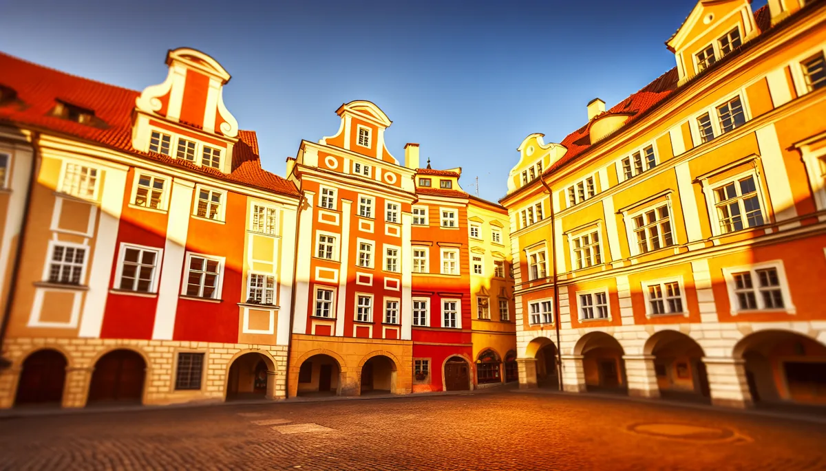 Golden hour view of a historic European city square with colorful baroque architecture and cobblestone streets