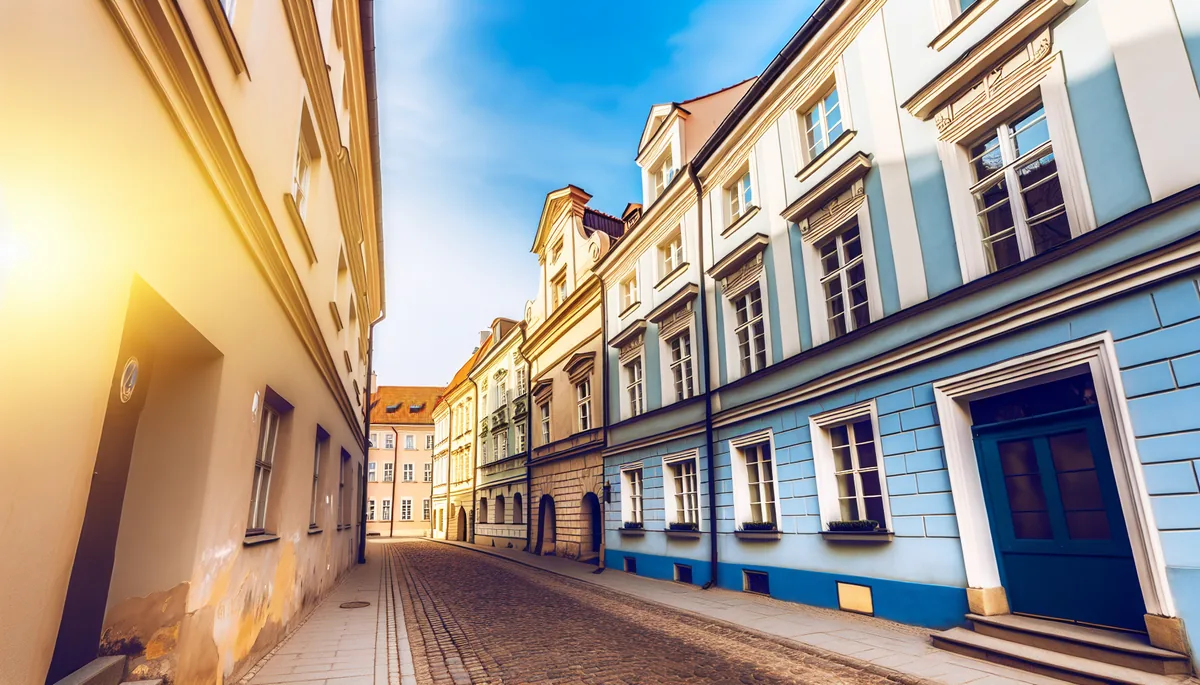 Picturesque European cobblestone street lined with colorful historic buildings under warm afternoon sunlight
