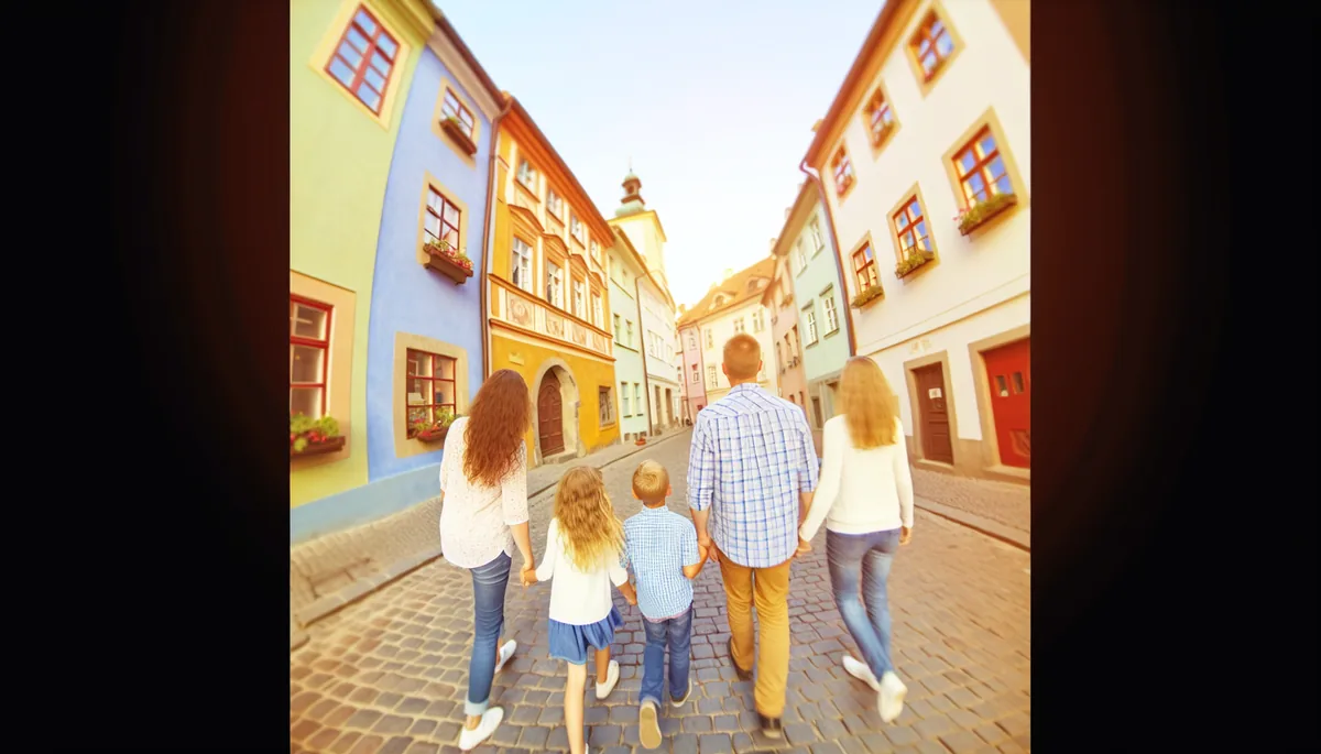 Family of four walking hand in hand down a charming European cobblestone street with colorful historic buildings, captured from behind during golden hour