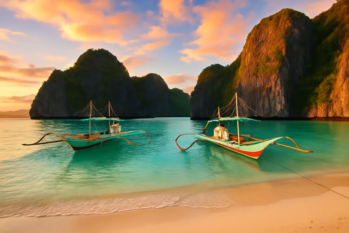 Stunning tropical beach scene in the Philippines with traditional bangka boats, turquoise waters, white sand, and dramatic limestone cliffs under golden hour lighting