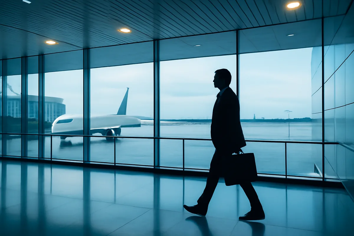 Silhouette of a business traveler walking through a modern airport terminal with large windows showing planes on the tarmac
