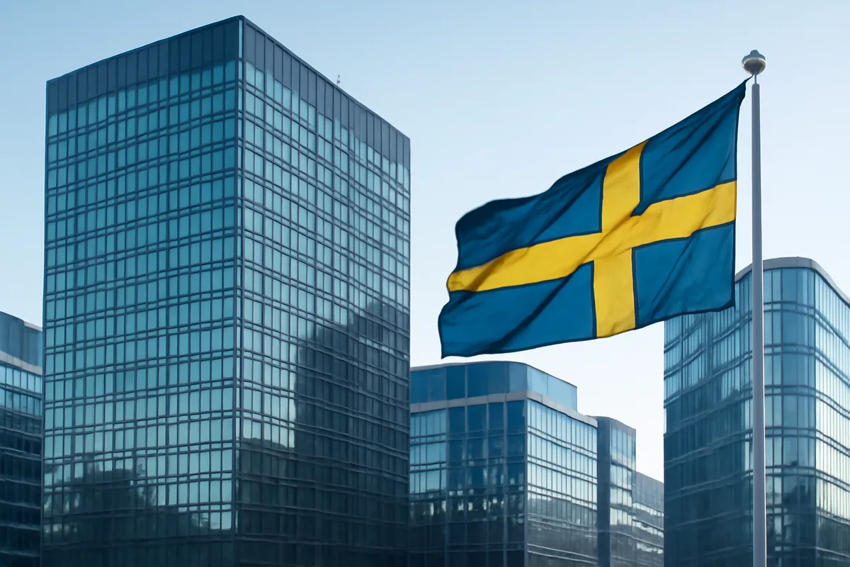 Modern glass office buildings in Stockholm's business district with Swedish flag in foreground under clear winter sky