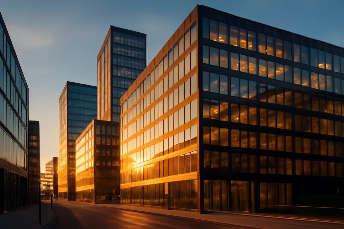 Modern glass office buildings in Stockholm's business district during golden hour, showcasing contemporary Swedish corporate architecture