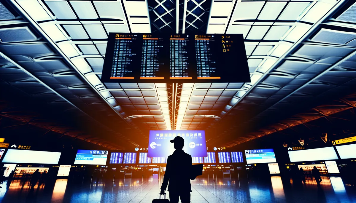 Silhouette of a traveler standing in a busy airport terminal with departure boards and signs in the background, conveying the feeling of being lost or confused while traveling