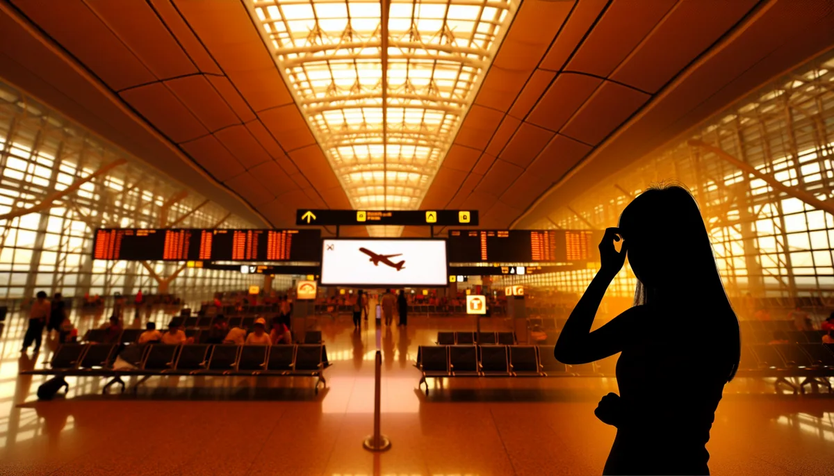Silhouette of a traveler standing in a large international airport terminal with departure gates and ambient lighting