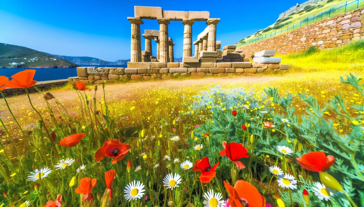 Ancient Greek temple ruins surrounded by vibrant spring wildflowers overlooking the turquoise Aegean Sea