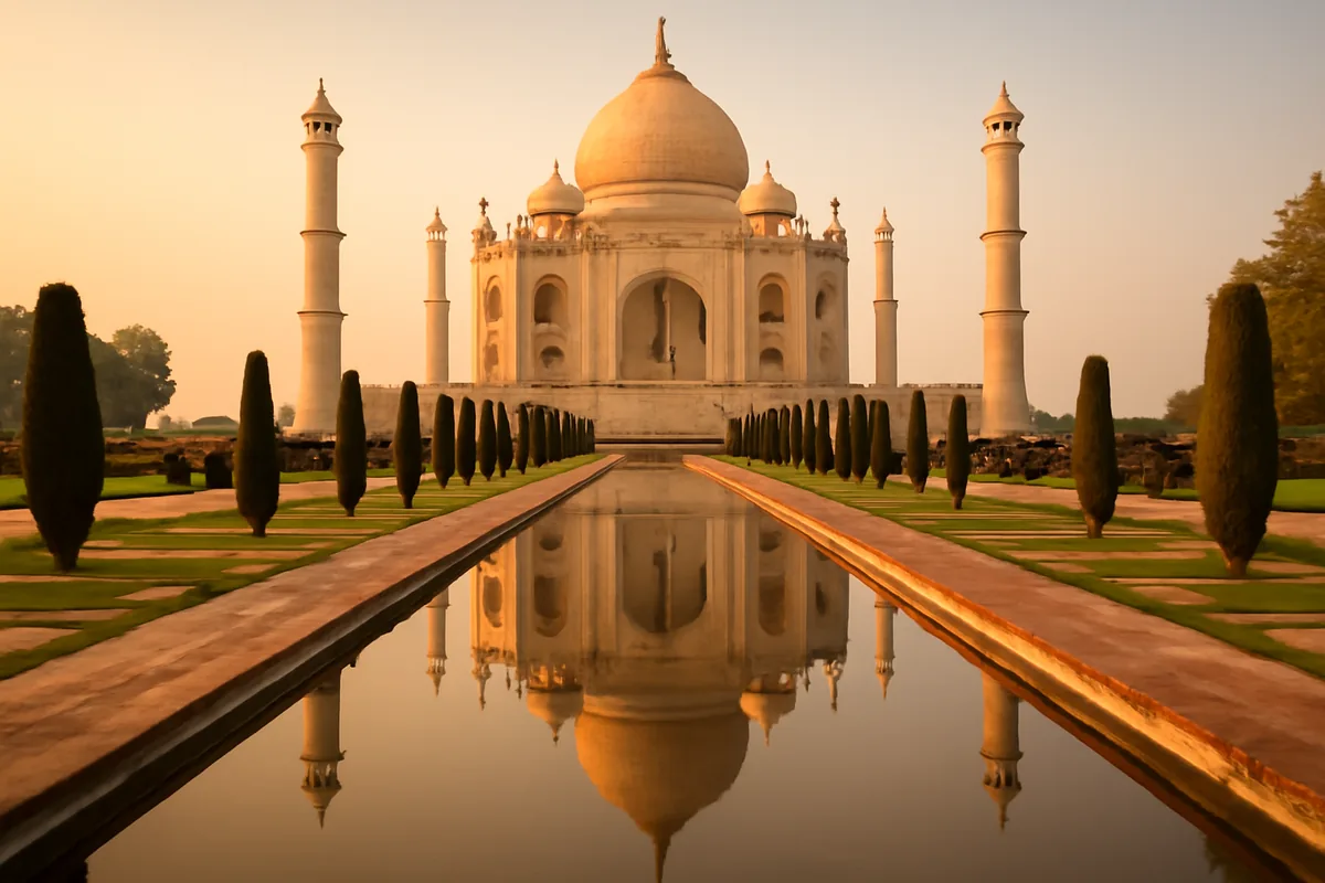 The Taj Mahal at sunrise, reflected in the ornamental pool surrounded by symmetrical gardens bathed in warm golden light