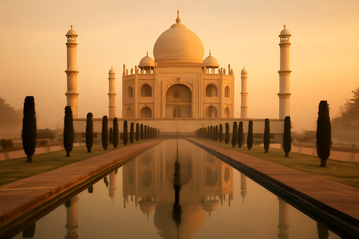 The Taj Mahal at sunrise reflected in the ornamental pool, bathed in warm golden light with morning mist in the gardens