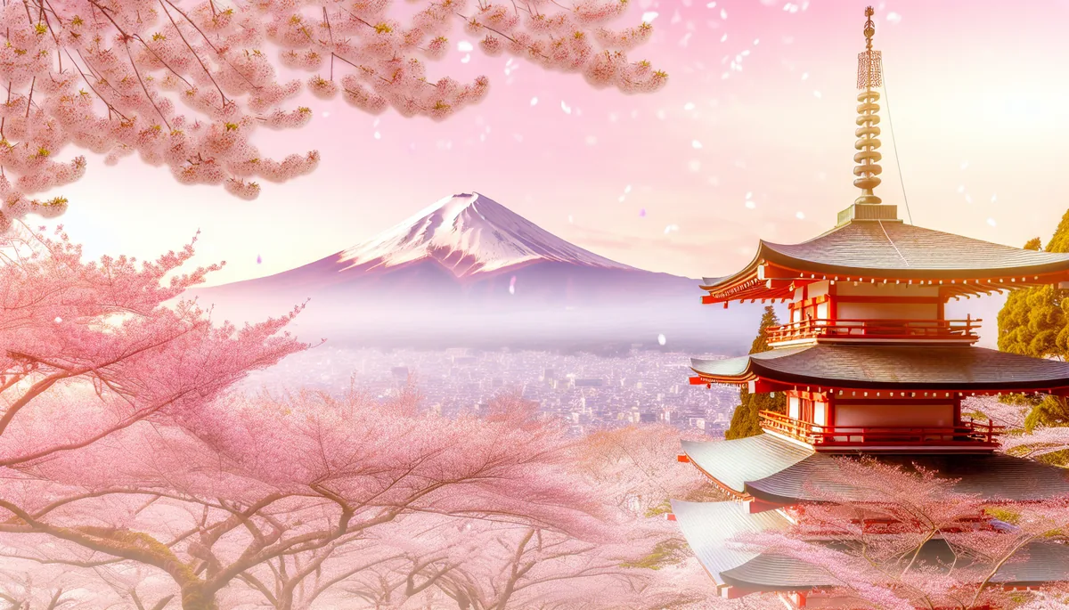 Traditional Japanese temple surrounded by blooming cherry blossom trees with Mount Fuji in the background during golden hour