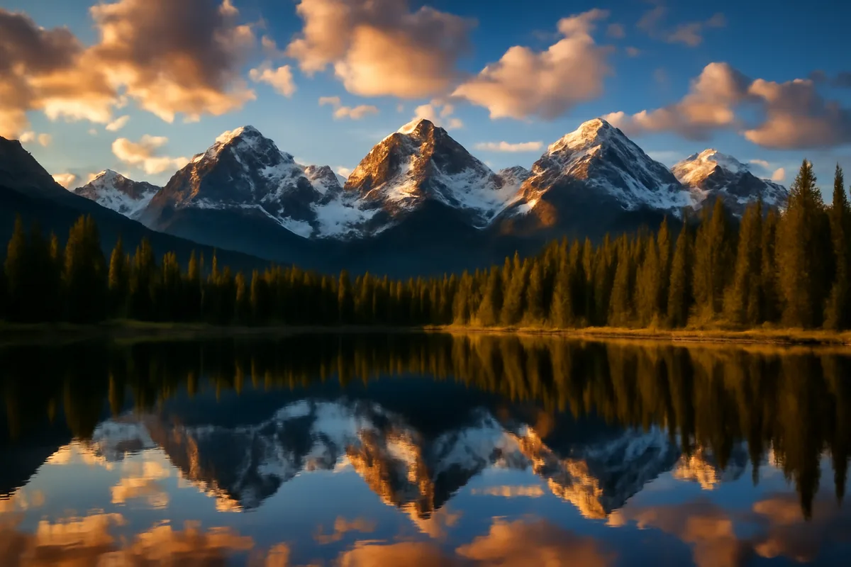 Stunning landscape view of the Canadian Rocky Mountains with snow-covered peaks reflecting in a clear mountain lake, surrounded by evergreen forests under a dramatic sky