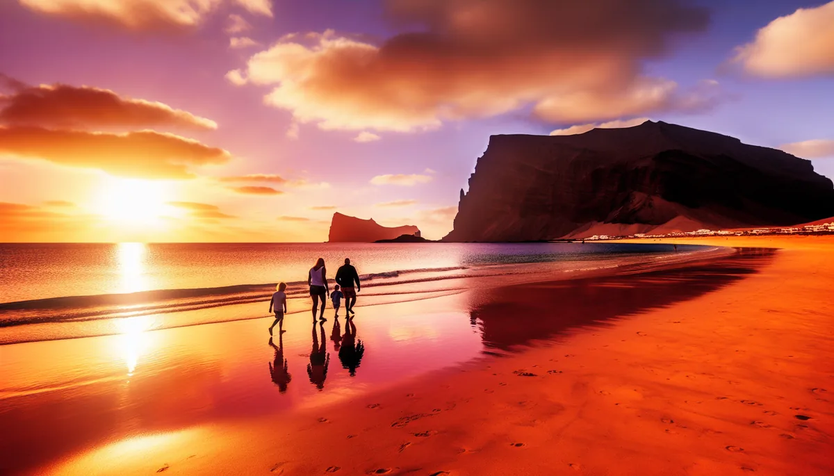 Golden sunset over a pristine Canary Islands beach with volcanic cliffs in the background and family silhouettes walking along the shoreline