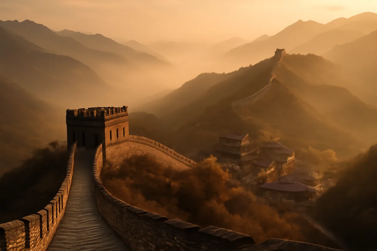 Sweeping view of the Great Wall of China snaking through mountainous landscape at golden hour with misty valleys and traditional architecture below